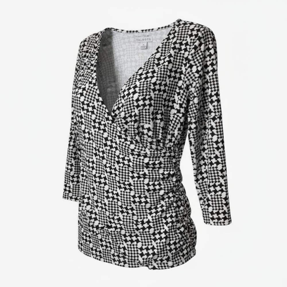 Talbots Womens White Black Geometric Blouse 3/4 Sleeve Ruched Side Size PS